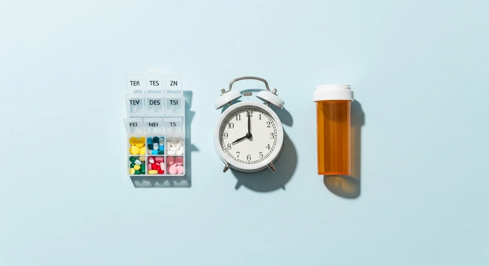 Weekly pill organizer, alarm clock, and prescription bottle on a light blue background