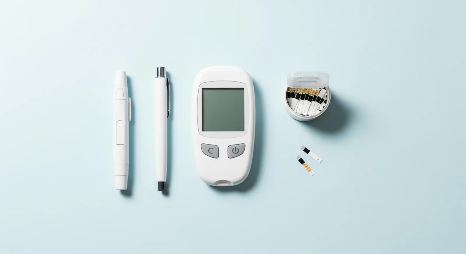 Blood glucose meter, insulin pen, lancet device, and test strips arranged on a light blue background