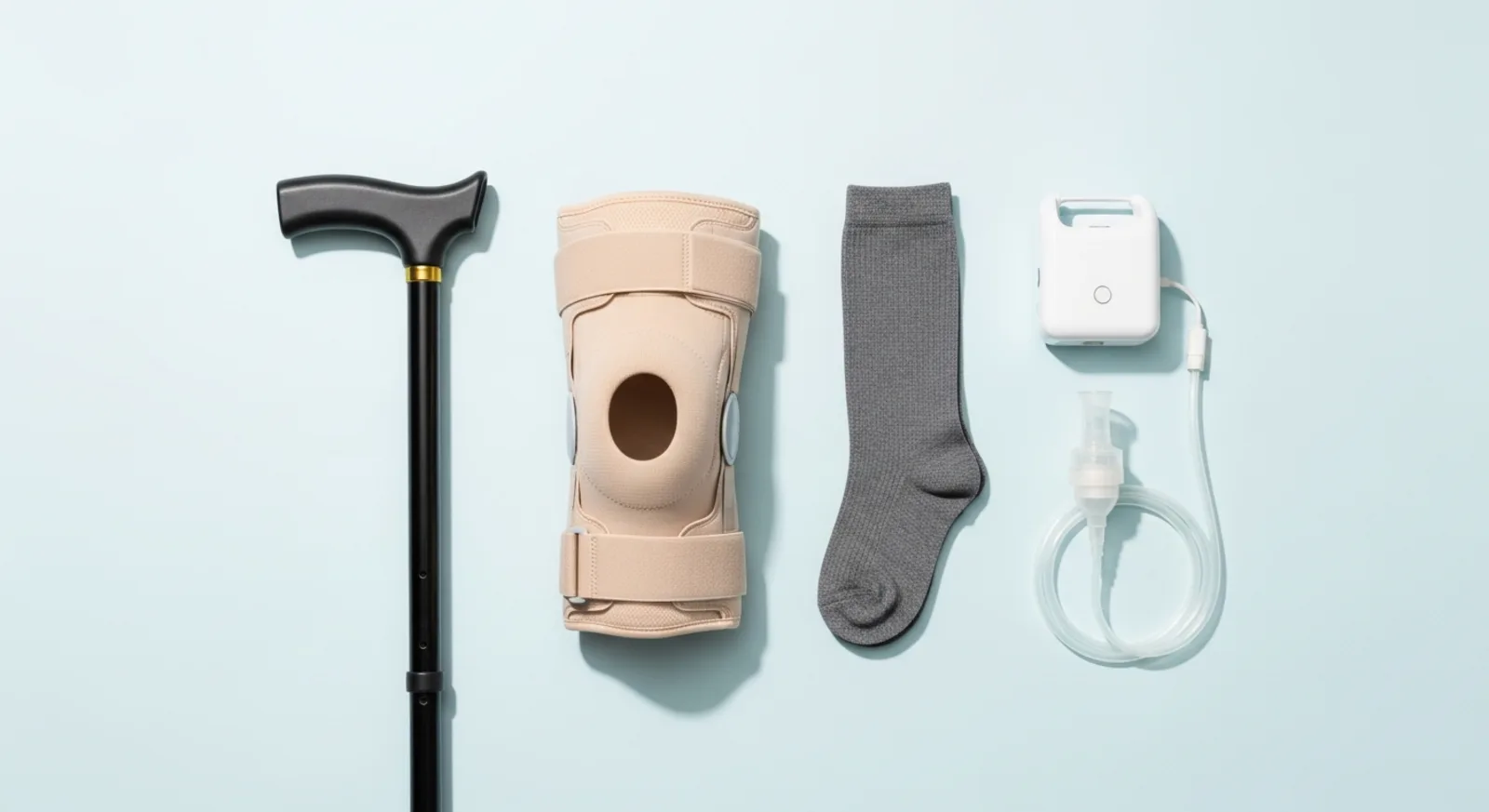 Walking cane, knee brace, compression sock, and nebulizer arranged on a light blue background