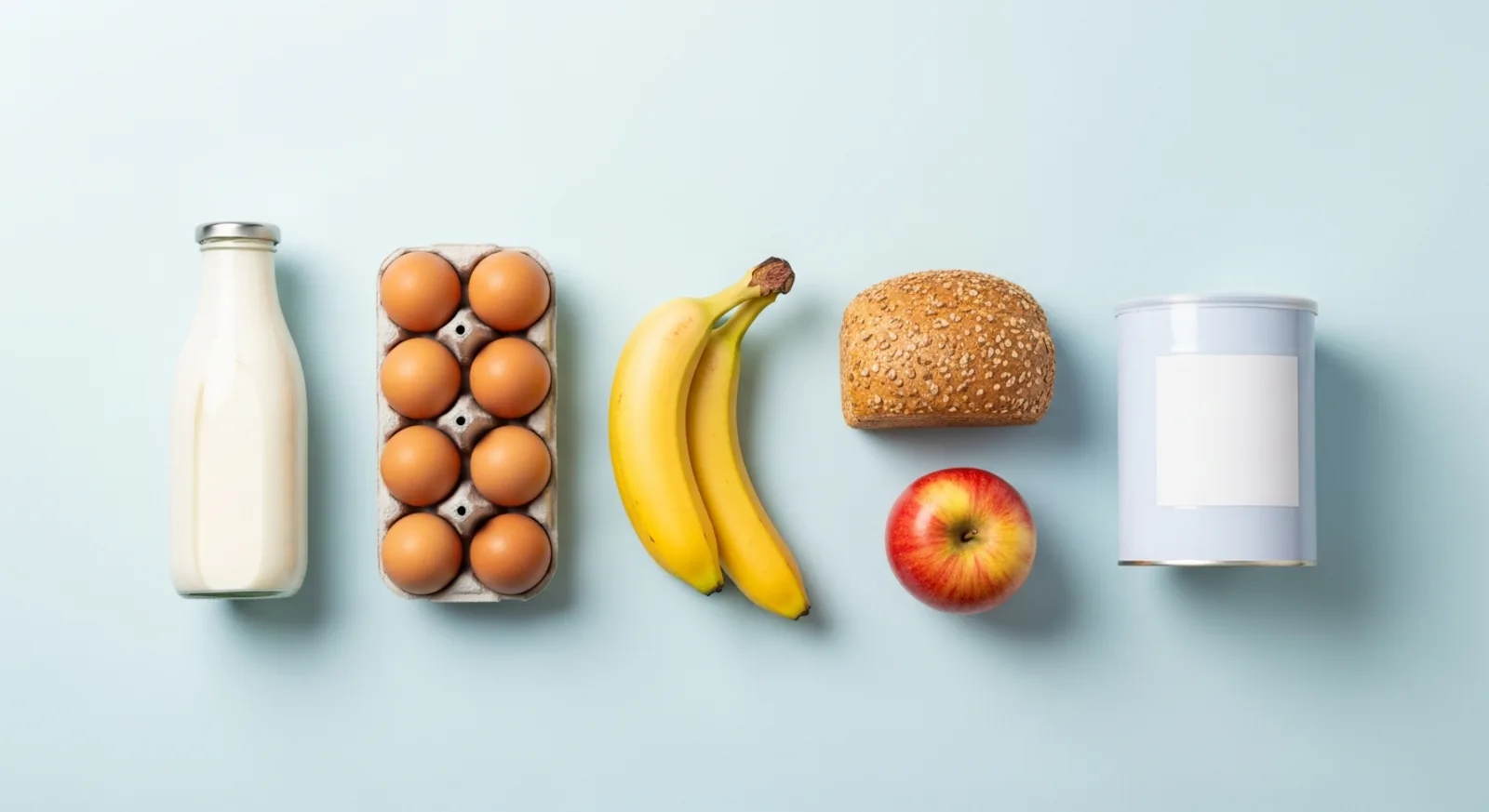 Milk, eggs, bananas, bread, an apple, and infant formula arranged on a light blue background