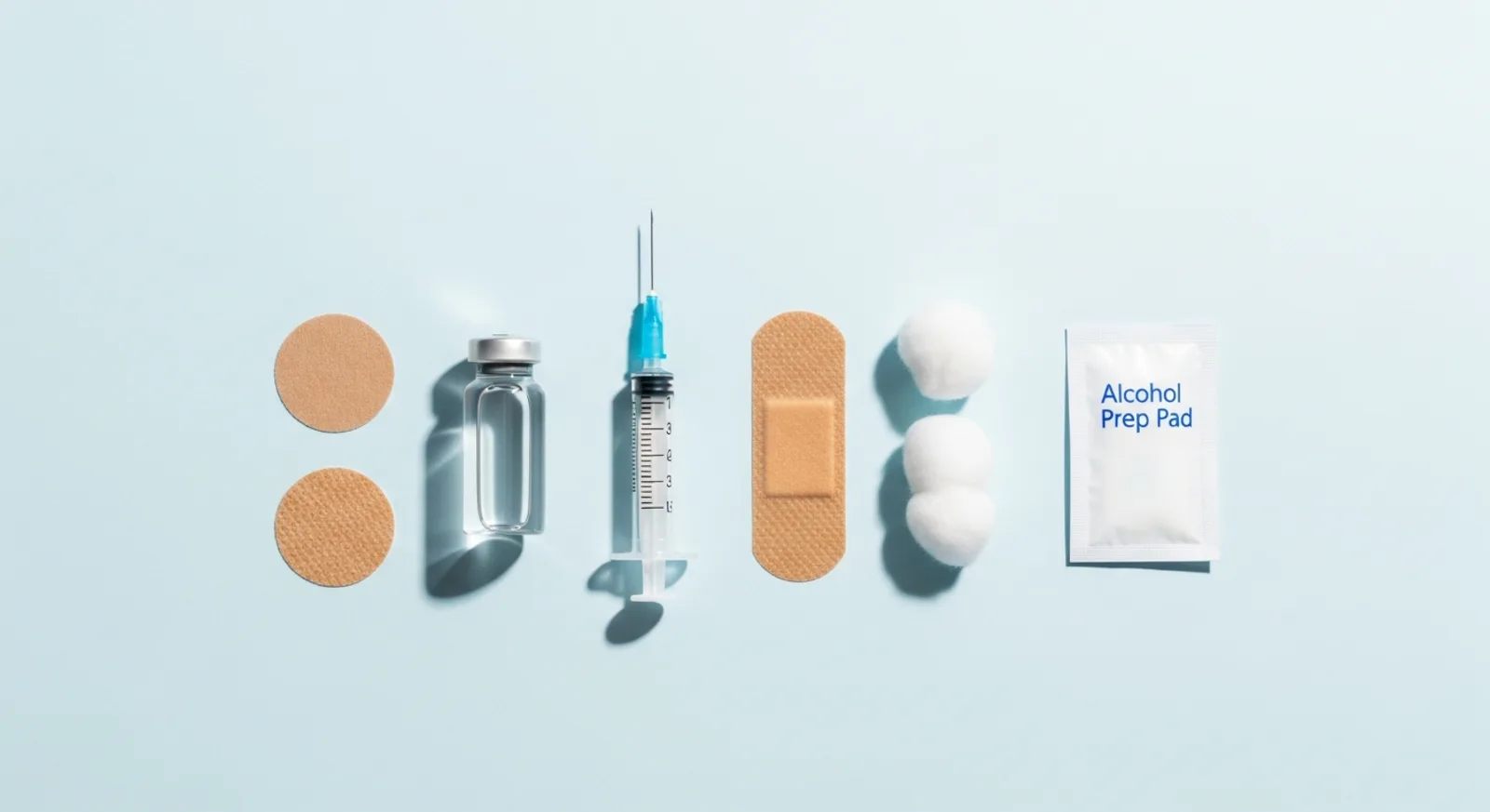 Vaccine vial, syringe, bandages, cotton balls, and alcohol prep pad on a light blue background