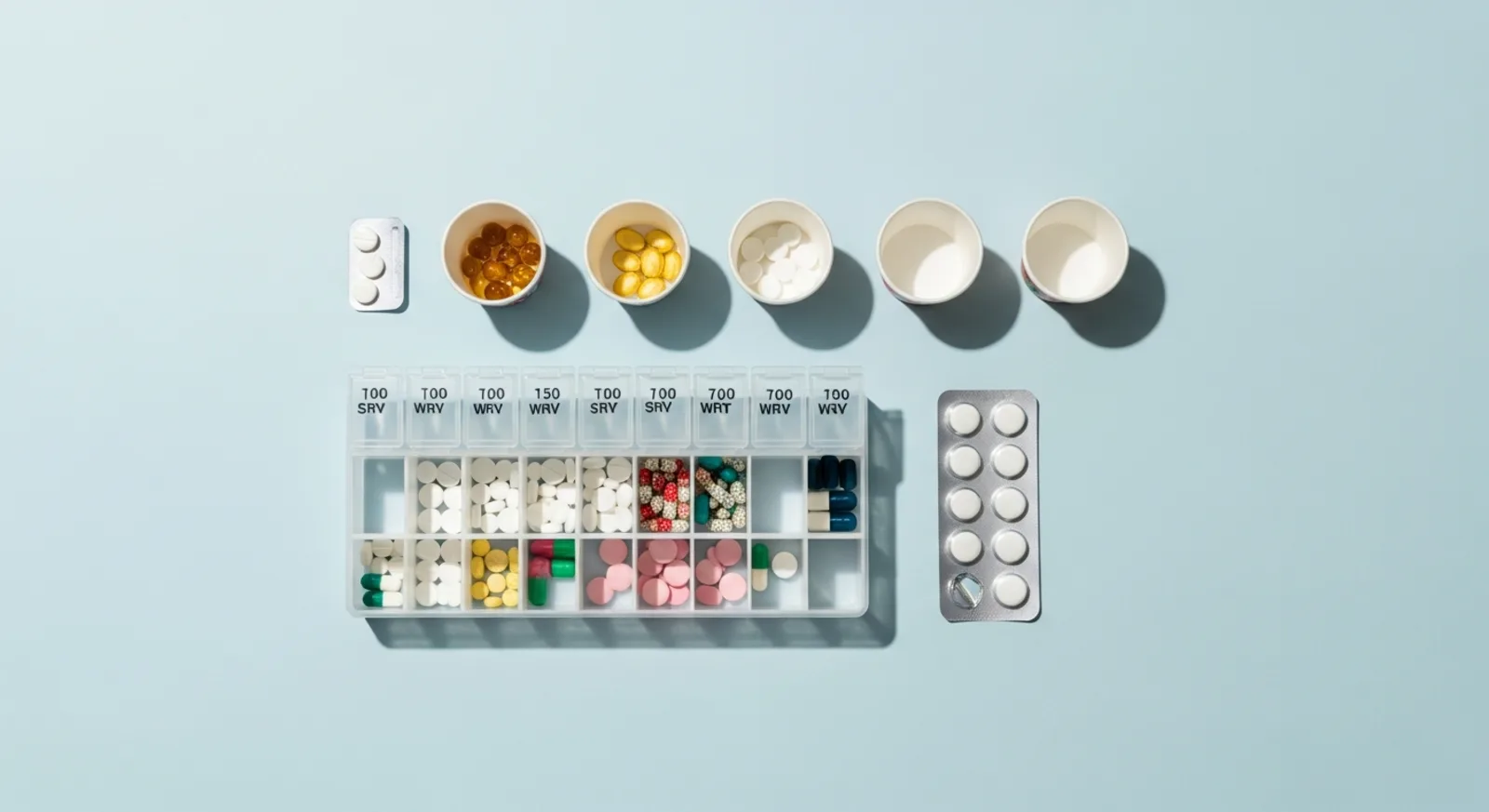 Weekly pill organizer, medication cups, and blister card on a light blue background