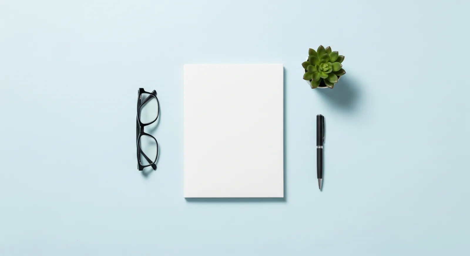 Reading glasses, folder, pen, and small plant arranged on a light blue background