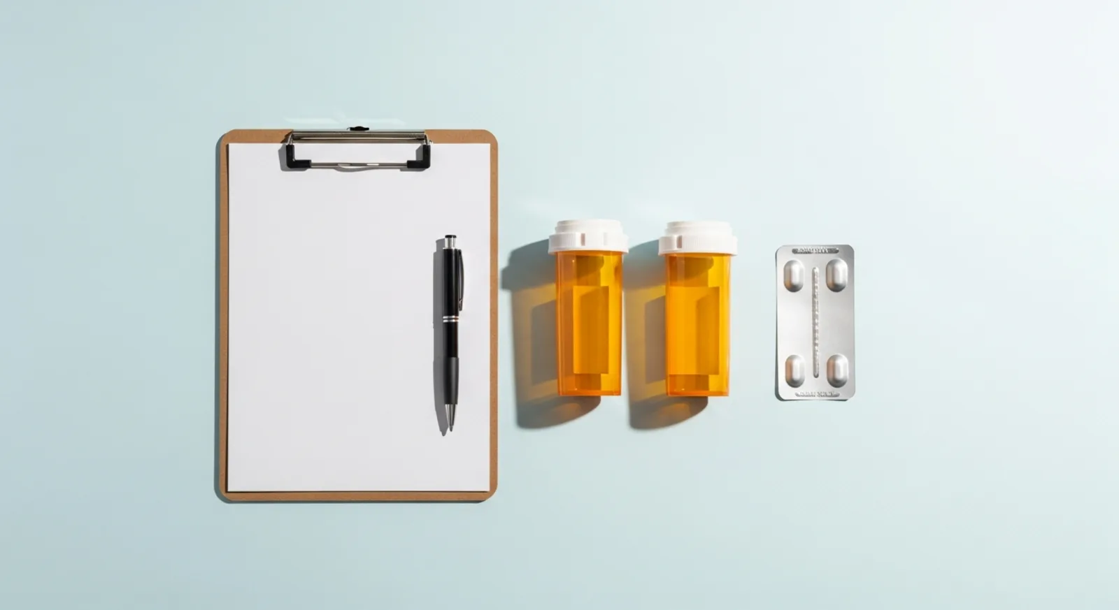Clipboard, pen, prescription bottles, and blister pack on a light blue background