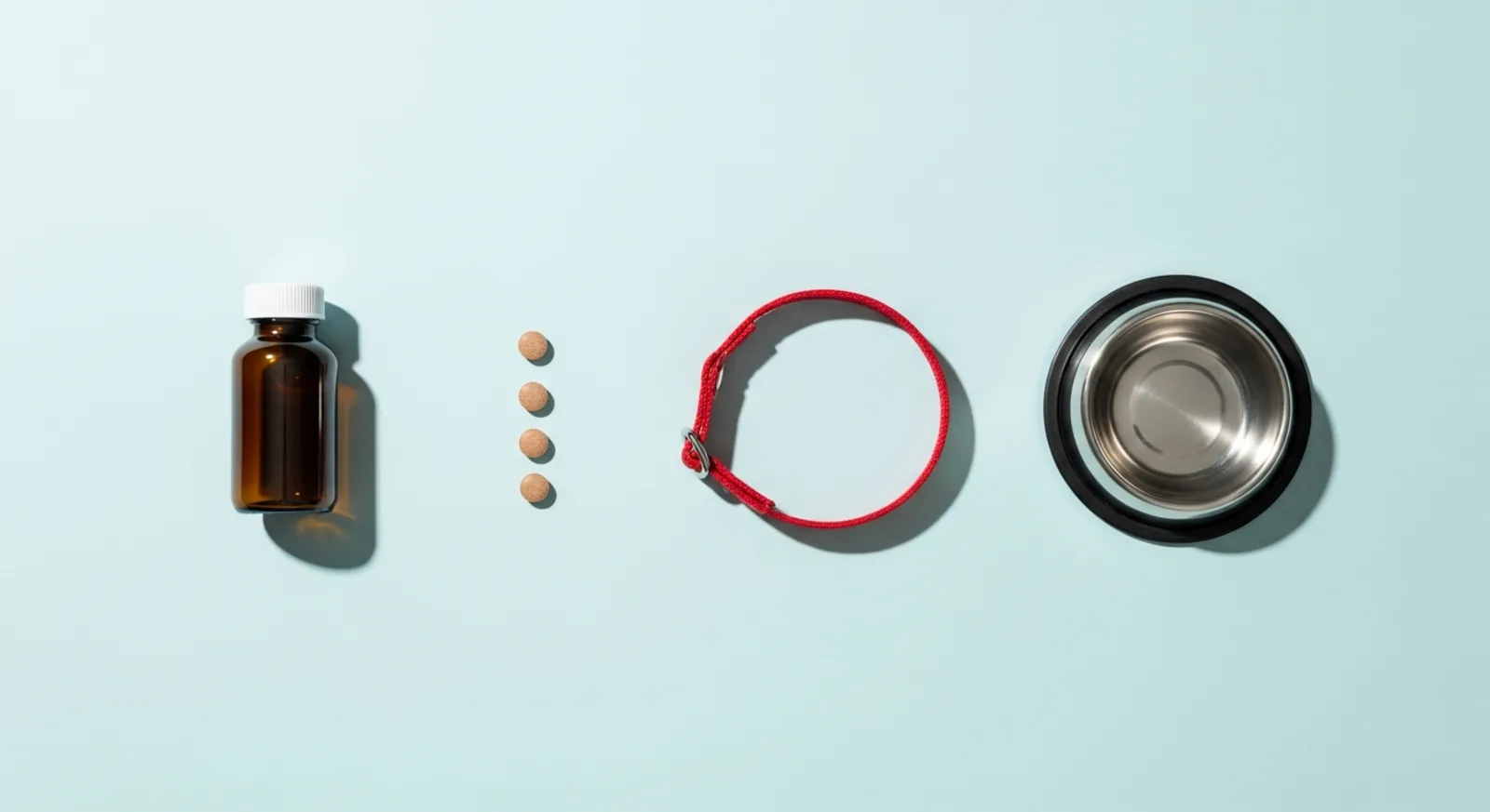 Pet medicine bottle, chewable tablets, red collar, and pet bowl on a light blue background